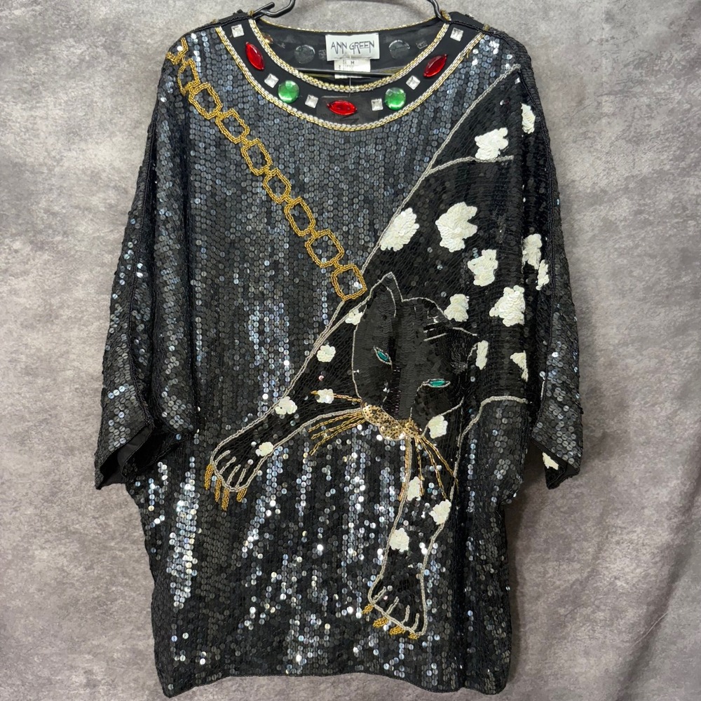 Vintage Ann Green Silk Sequin Jeweled Cat Panther Tunic Top Size M Maximalist
